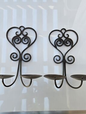 Vintage Heart Scroll Candleholder Wall  Sconce Set Wrought Iron